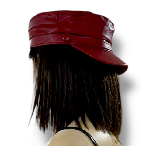 Unisex Faux Leather Baker Boy Hat stiff curve brim button accent beige, dark red, and black - one size