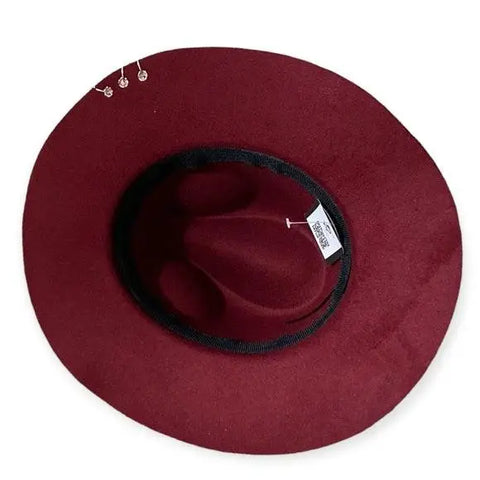 Dark Red White Street Art Fedora Hat with graffiti lettering, silver O-ring brim, medium unisex fit