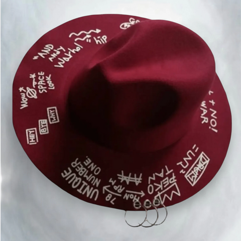 Dark Red White Street Art Fedora Hat with graffiti lettering, silver O-ring brim, medium unisex fit