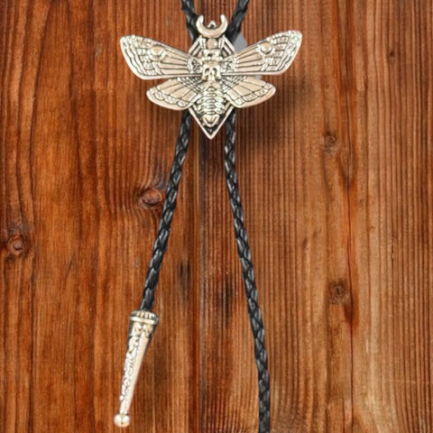 Antique Silver Skull Moth Bolo Tie with moon accents and braided leather cord western goth neckwear