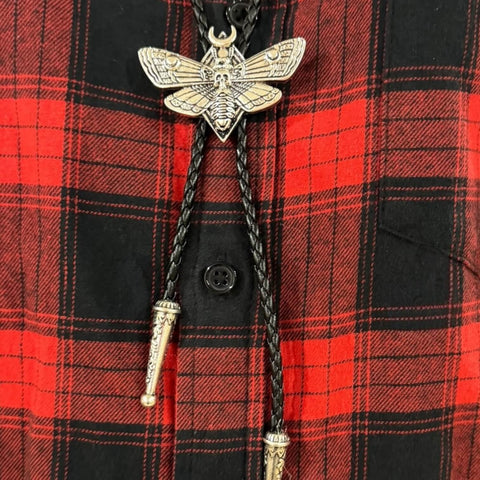 Antique Silver Skull Moth Bolo Tie with moon accents and braided leather cord western goth neckwear