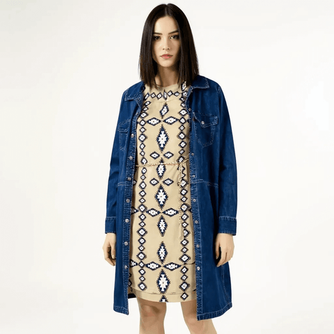 western short sleeve mini dress in tan with blue/white tribal print, keyhole neckline, detachable braided chain belt, lined shift