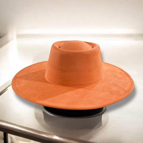 Desert Orange Wide Brim Suede Rancher Hat with flat top crown and faux suede finish M/L