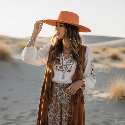 Desert Orange Wide Brim Suede Rancher Hat with flat top crown and faux suede finish M/L
