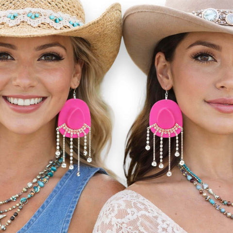 Wild West Glam Cowgirl Hat Earrings fish hook pink or white with rhinestone fringe dangle western disco style