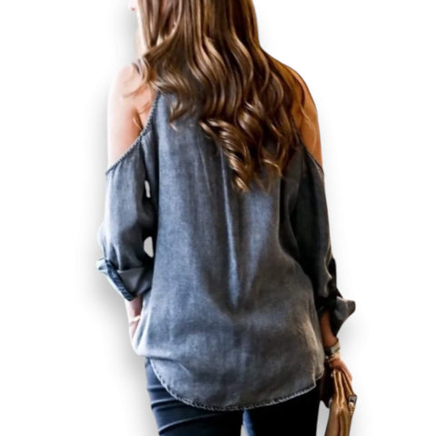 Distressed Cold Shoulder Button Down Shirt
