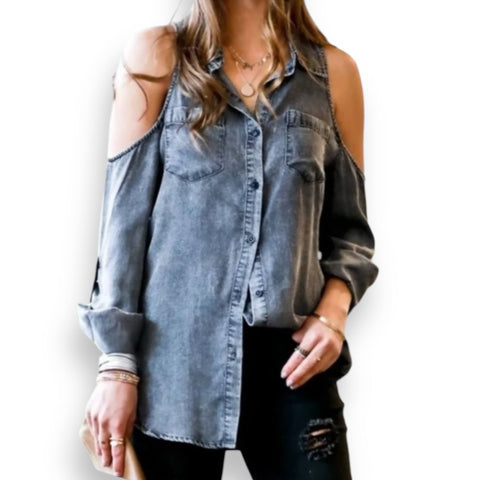 Distressed Cold Shoulder Button Down Shirt