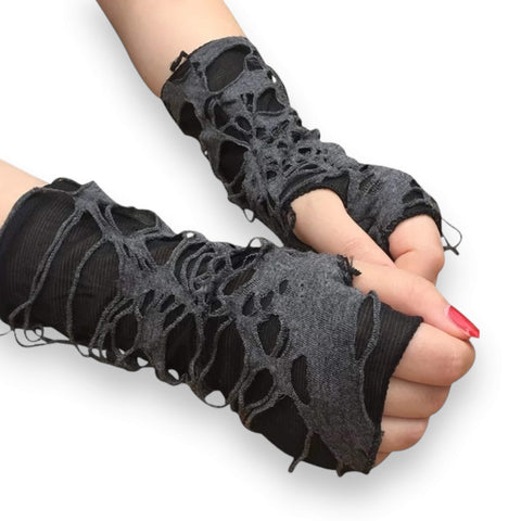 Black distressed ripped arm cover gloves in fingerless gothic punk grunge style with thumb hole and breathable stretch fabric