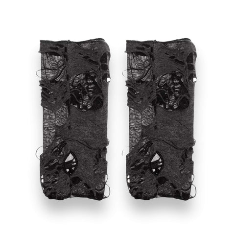 Black distressed ripped arm cover gloves in fingerless gothic punk grunge style with thumb hole and breathable stretch fabric