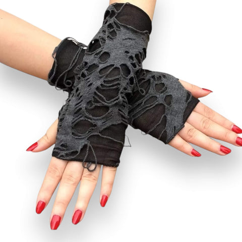 Black distressed ripped arm cover gloves in fingerless gothic punk grunge style with thumb hole and breathable stretch fabric