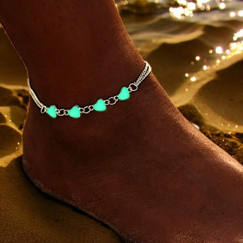 Charming hearts glow in the dark anklet with silver dual chain and glowing blue heart charms – rave, festival, and beach party body jewelry