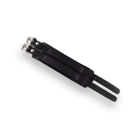 Black Leather Buckle Strap Cuff Bracelet worn on wrist, displaying its bold and edgy style