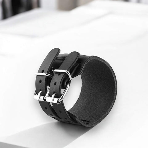 Side view showcasing the adjustable dual-buckle design of the Black Leather Buckle Strap Cuff Bracelet