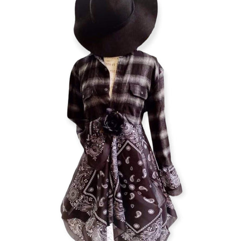 Black white black white Western Flannel Long Duster shirt Jacket