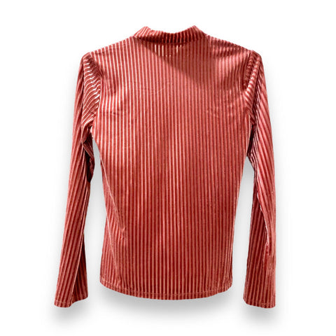 Dusty rose mock neck long sleeve rib knit top with mesh contrast and velvet texture, fitted lightweight women's blouse made in USA.