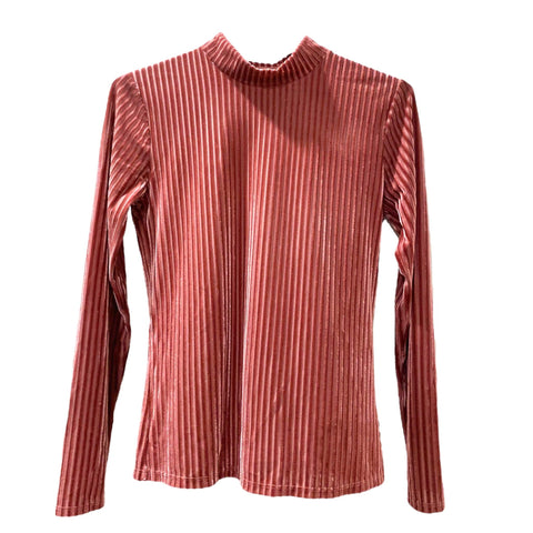 Dusty rose mock neck long sleeve rib knit top with mesh contrast and velvet texture, fitted lightweight women's blouse made in USA.