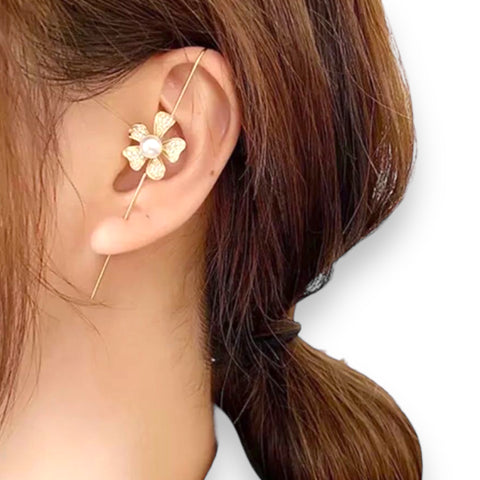 Gold Pearl Flower Ear Pin Hook Earring - Wild Time Fashion