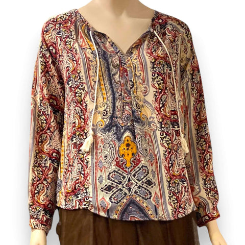 Tassel Tie Long Sleeve Brown Floral Blouse V neckline gathered pleated neckline and shirttail hem women's size small