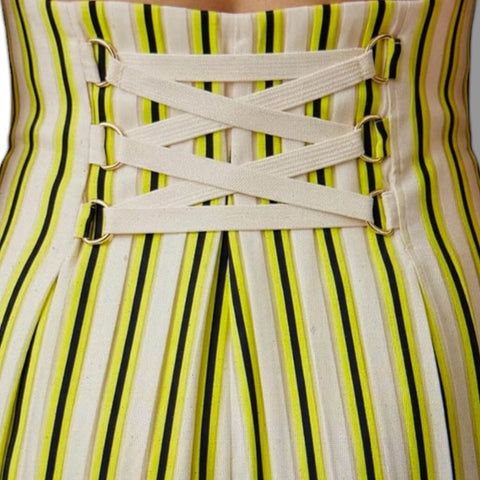 close up image of High Waist Corset Elongated Striped Shorts - Medium / yellow/blue/white / Adults - Women’s Shorts