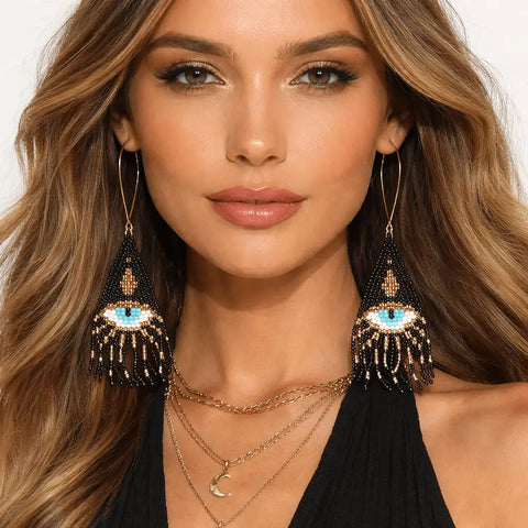Evil Eye Fringe Dangle Earrings handmade stainless steel V-wire hooks black gold