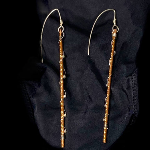 Artisan Mixed Metal Long Hook Dangles with sealed copper shafts and 925 sterling silver beaded wire wrap