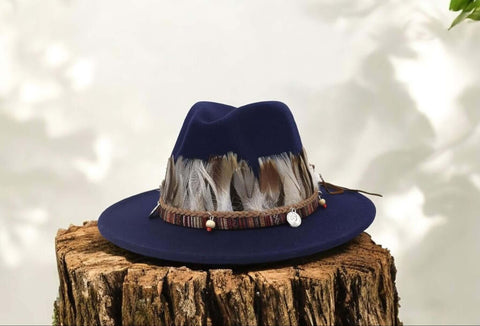 Festival Feather Fedora Hat with Tribal Beaded Band and Feathers in Gray or Navy Blue – Large XL Boho Western Style
