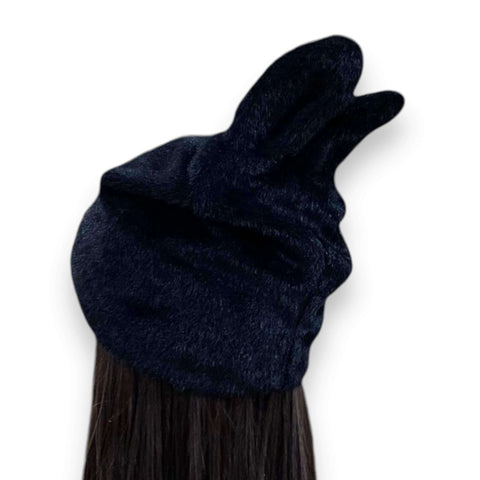 Black Plush Bunny Ear Winter Beanie short ears fleece line gothic, grunge to streetwear one size