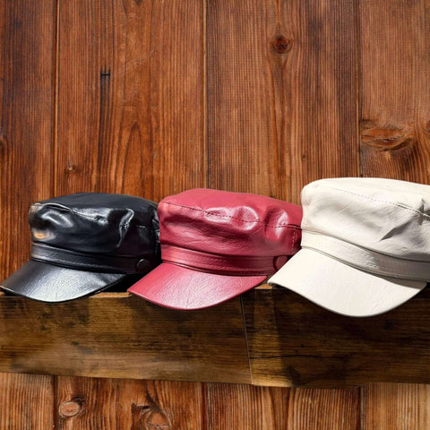 Unisex Faux Leather Baker Boy Hat stiff curve brim button accent beige, dark red, and black - one size