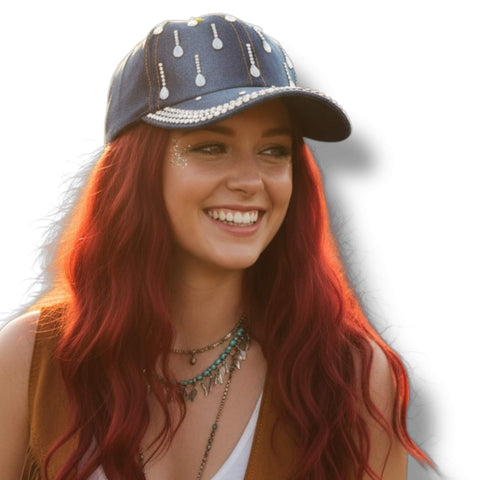 Festival Rhinestone Western Baseball Cap denim breathable stiff brim great style for year round y2k mcbling, cowgirl style in dark denim waterfall brim studded adjustable size