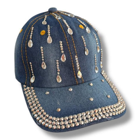 Festival Rhinestone Western Baseball Cap denim breathable stiff brim great style for year round y2k mcbling, cowgirl style in dark denim or white washed waterfall brim studded adjustable size