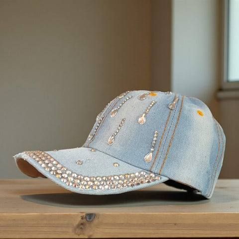 Festival Rhinestone Western Baseball Cap denim breathable stiff brim great style for year round y2k mcbling, cowgirl style in dark denim or white washed waterfall brim studded adjustable size