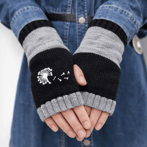 Wishes knit wrist warmers mitts with white dandelion seed motif, color block fingerless gloves with thumb holes for winter layering