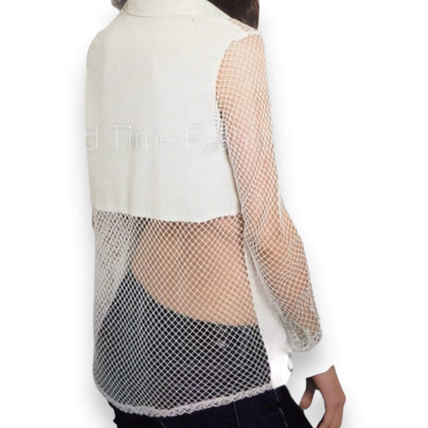 White Button Down Fishnet Long Sleeve Shirt - Wild Time Fashion