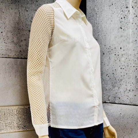 White Button Down Fishnet Sleeve Shirt
