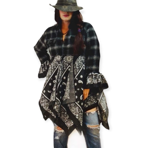 black white Western Flannel Long Duster shirt Jacket