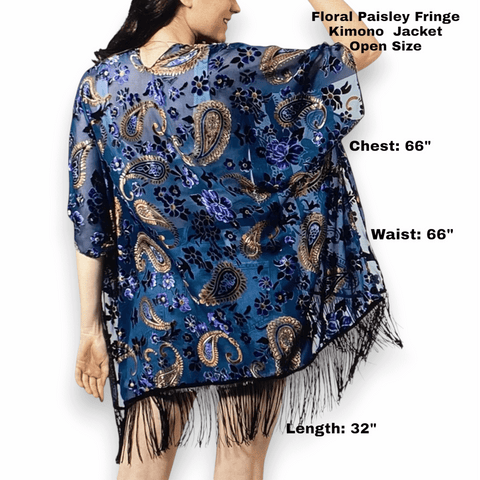 Bohemian Floral Paisley Kimono Jacket black,blue,gold with fringe hem and open front cardigan