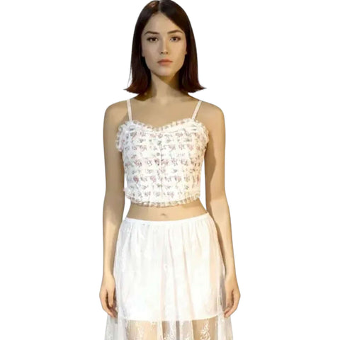 White Pink Floral Ruffle Lace Bustier Top