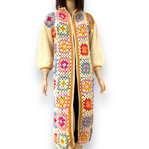 Gold Trim Floral Crochet Long Cardigan Duster - Wild Time Fashion