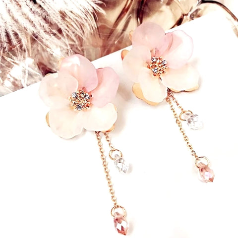 Pink Acrylic Floral Dangling Crystal Earrings