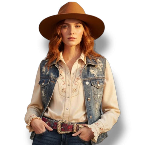 Floral Gold Oversized Buckle Western Belt in beige or blue with beaded trim, engraved buckle, and crystal keeper