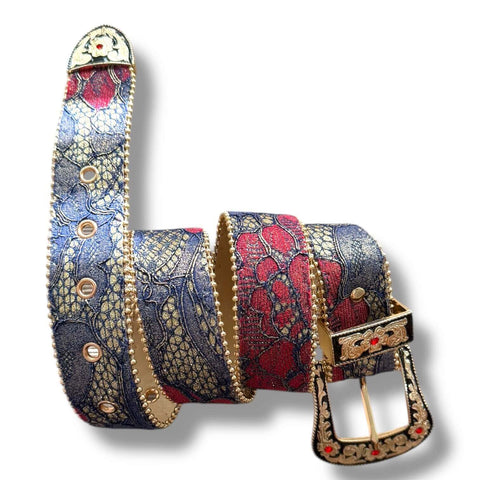 Floral Gold Oversized Buckle Western Belt in beige or blue with beaded trim, engraved buckle, and crystal keeper