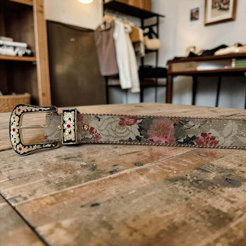 Floral Gold Oversized Buckle Western Belt  in beige or blue with beaded trim, engraved buckle, and crystal keeper