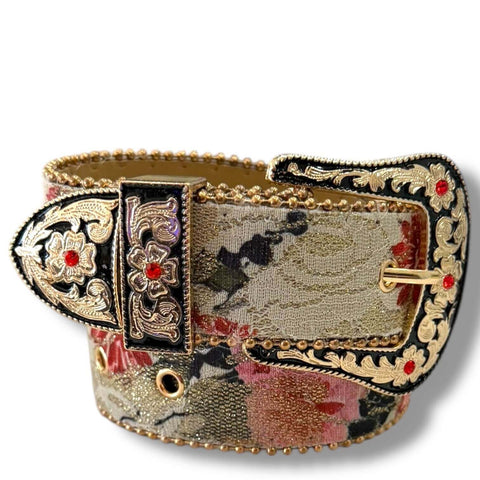Floral Gold Oversized Buckle Western Belt in beige or blue with beaded trim, engraved buckle, and crystal keeper