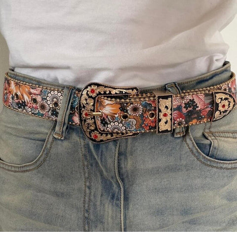 Floral Gold Oversized Buckle Western Belt in beige or blue with beaded trim, engraved buckle, and crystal keeper