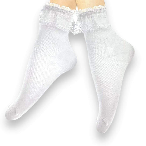White lace ruffle cotton ankle socks scalloped lace topper diamond textured cotton footbed feminine coquette kawaii balletcore one size shoe 5 to 9