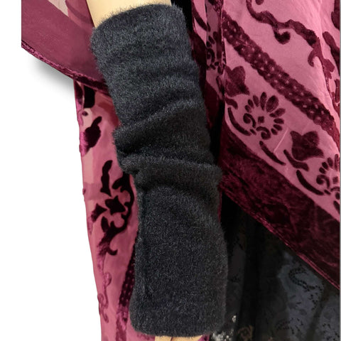 Black fuzzy soft fingerless arm warmers gloves with thumb holes in velvet-feel fleece, adjustable scrunch or elbow-length forearm coverage
