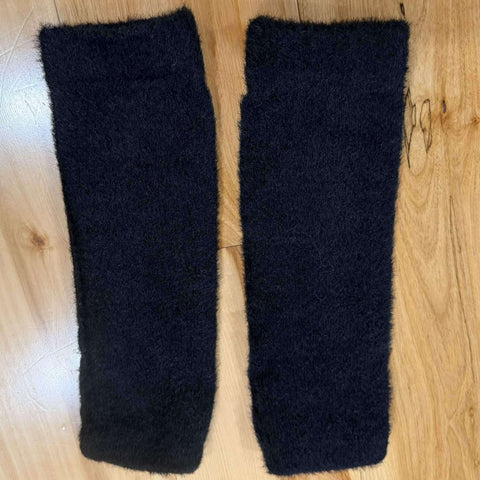 Black fuzzy soft fingerless arm warmers gloves with thumb holes in velvet-feel fleece, adjustable scrunch or elbow-length forearm coverage