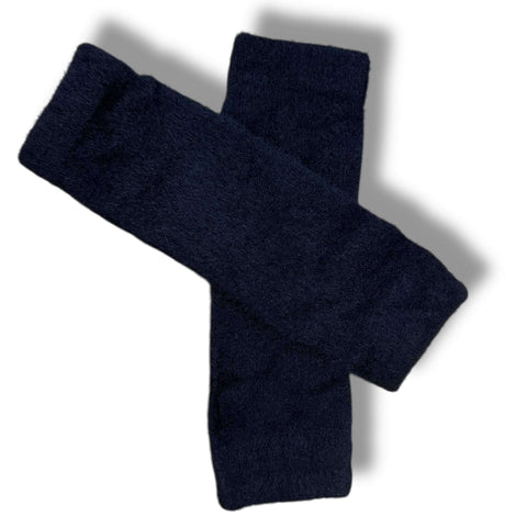 Black fuzzy soft fingerless arm warmers gloves with thumb holes in velvet-feel fleece, adjustable scrunch or elbow-length forearm coverage