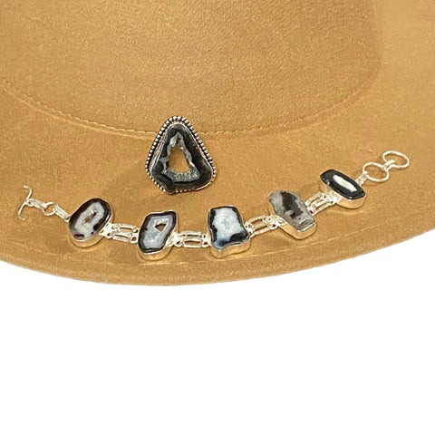 Women's Black Spinel Agate Gemstone Sterling Silver Toggle Bracelet -6.75-7.5 - Wild Time Fashion 