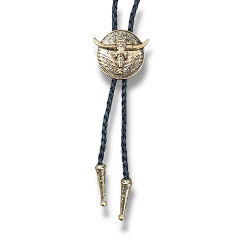 Western Gothic Longhorn Skull Bolo Tie Gold or Silver 